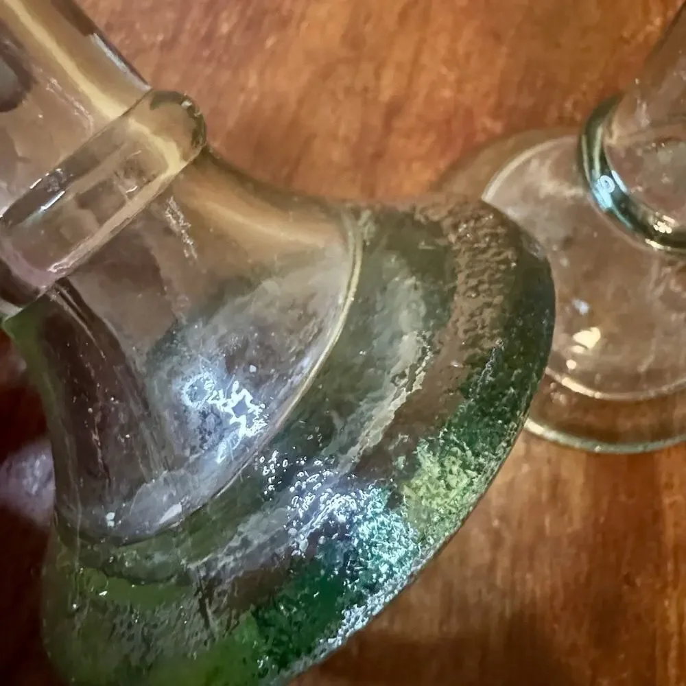 Pair Antique Hand Blown Glass Taper Candlesticks Aqua Green Pontil 8”